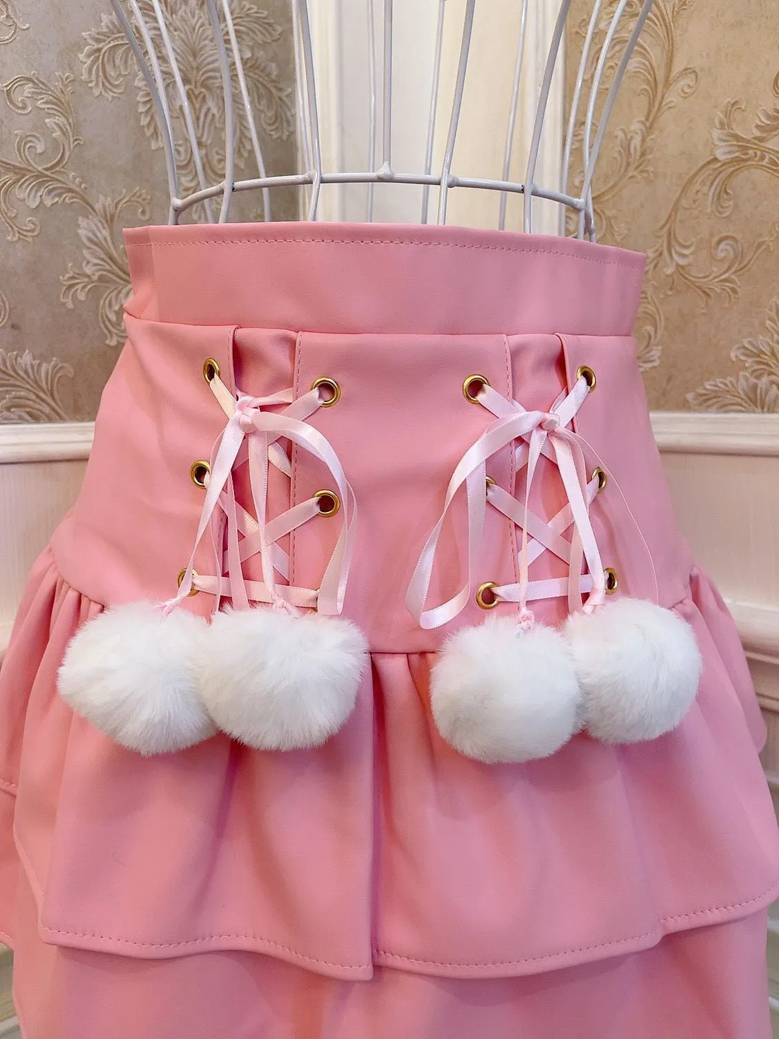 Sweetheart Princess Furball Ruffled PU Leather Pink White Black High Waist Mini Skirt