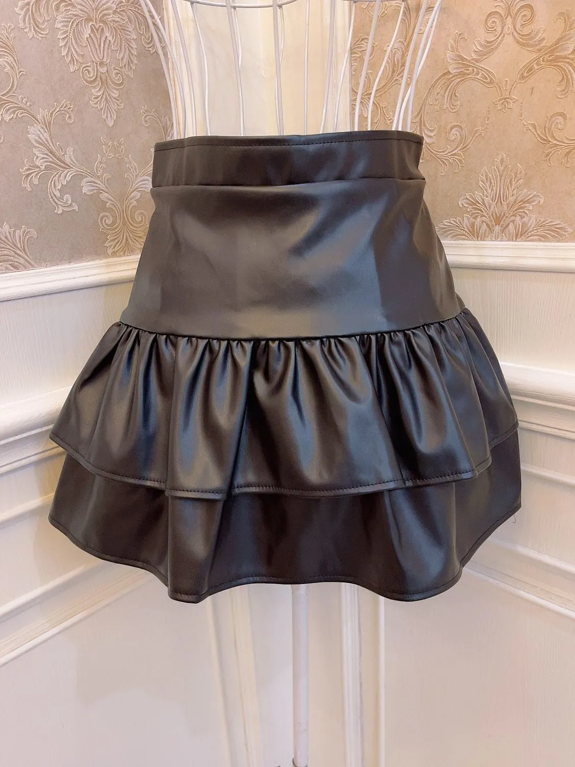 Sweetheart Princess Furball Ruffled PU Leather Pink White Black High Waist Mini Skirt