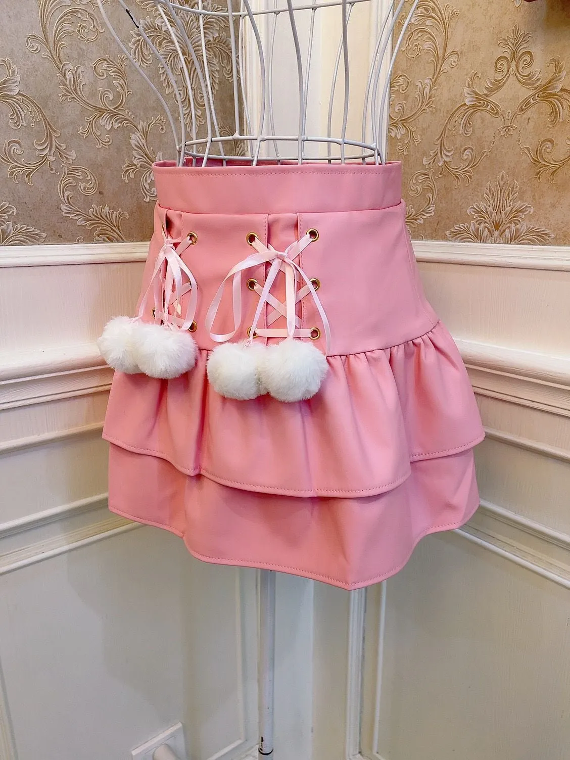 Sweetheart Princess Furball Ruffled PU Leather Pink White Black High Waist Mini Skirt