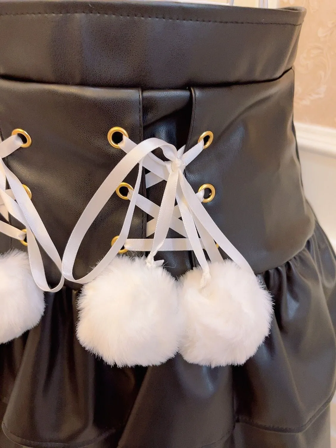 Sweetheart Princess Furball Ruffled PU Leather Pink White Black High Waist Mini Skirt