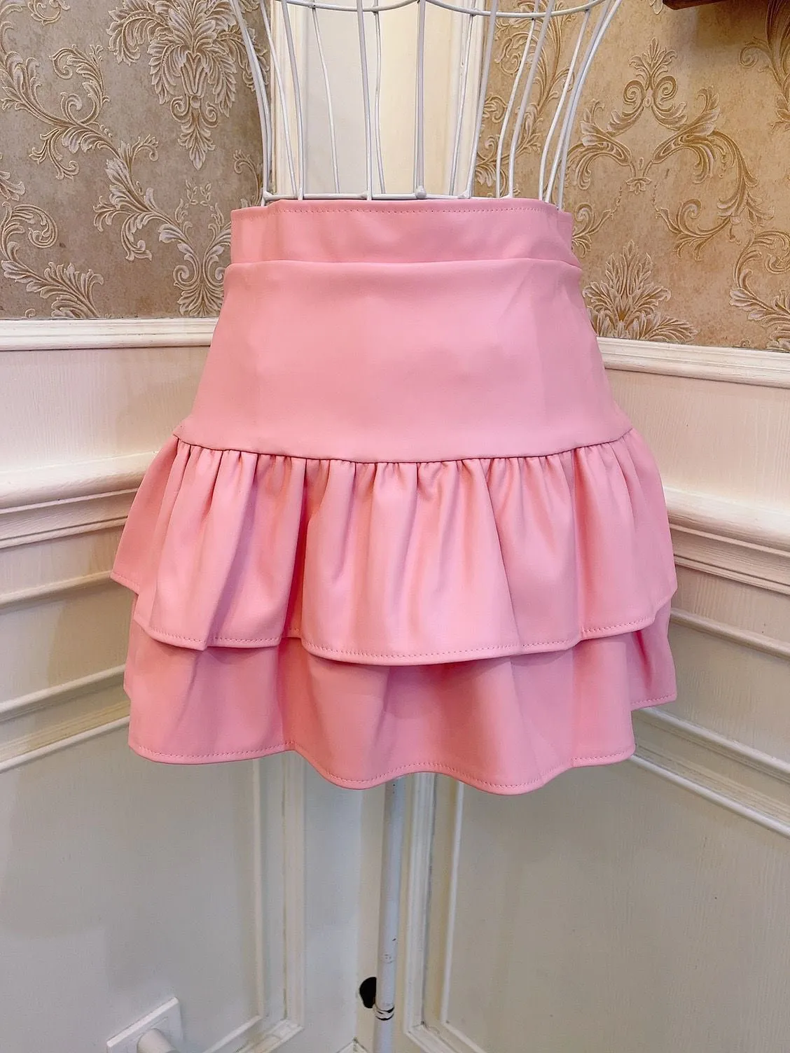 Sweetheart Princess Furball Ruffled PU Leather Pink White Black High Waist Mini Skirt