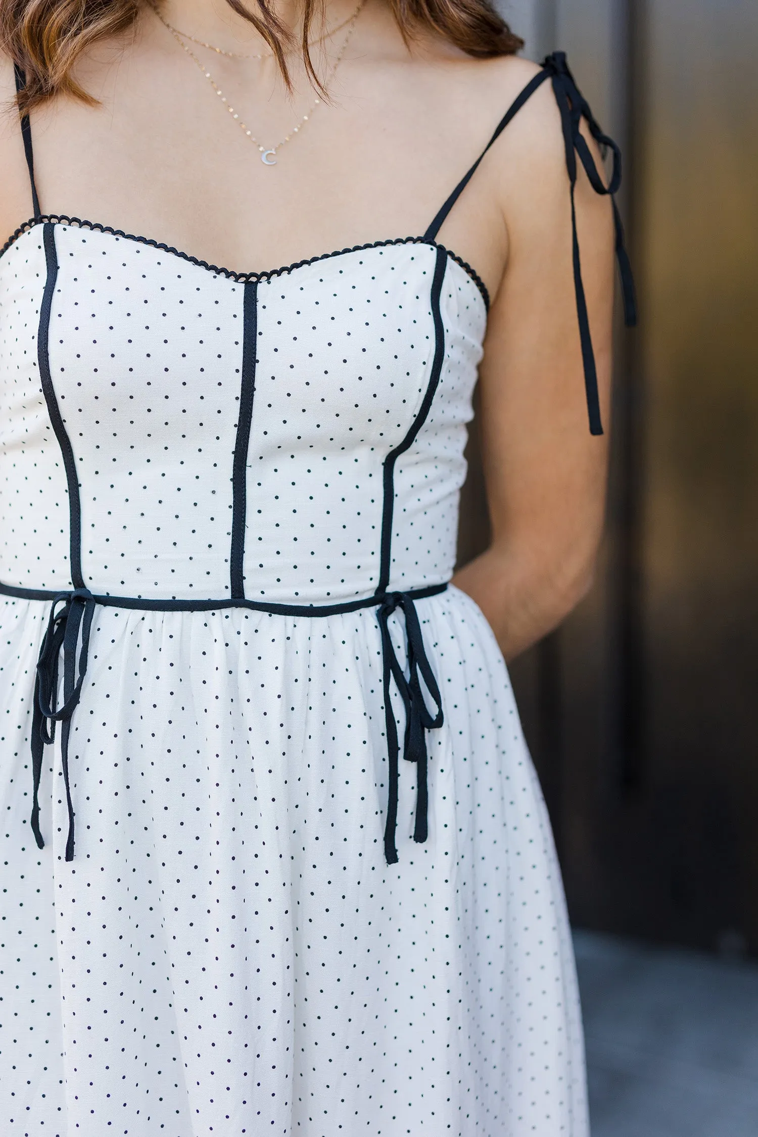 The Dottie Parton White and Black Polka Dot Midi Dress