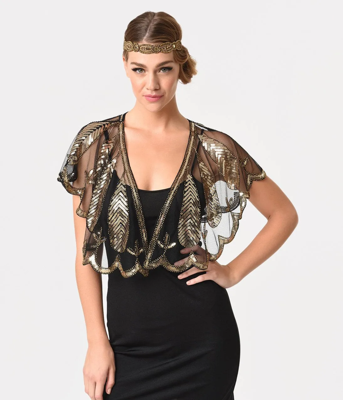 Unique Vintage 1920s Black Mesh & Gold Sequin Flapper Capelet