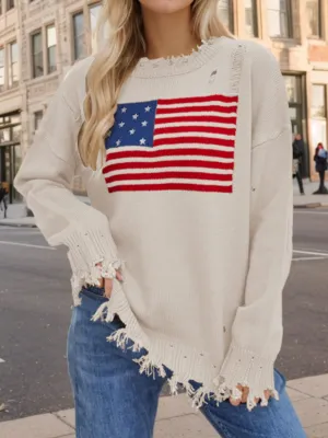 US Flag Distressed Round Neck Long Sleeve Sweater