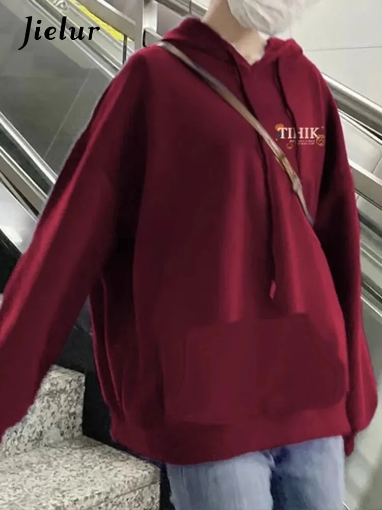 Wine Red Hooded Chic Drawstring Sweet Women Hoodies Fashion Solid Color Basic Pocket Simple Loose Casual Female Hoodies