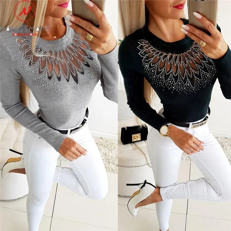 Women Elegant Slim Cut Patchwork Hollow Out Rhinestone Design Tops