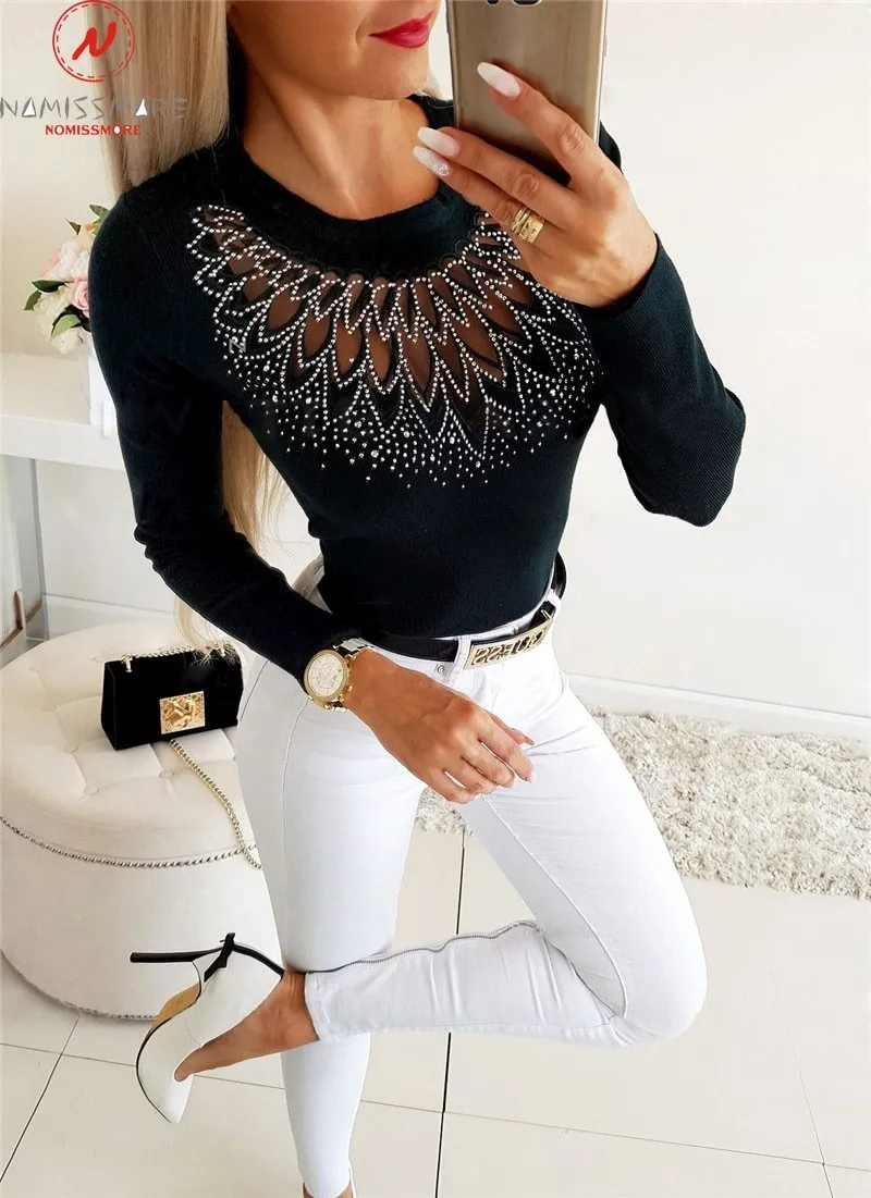 Women Elegant Slim Cut Patchwork Hollow Out Rhinestone Design Tops