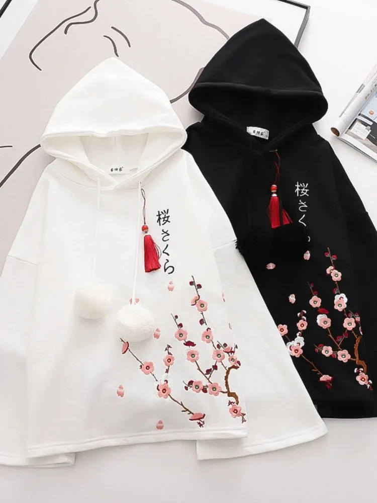 Women Hoodies Floral Embroidery Harajuku Hooded Sweatshirts Spring Flare Sleeve Vintage Korean Female Basic Daily Tops