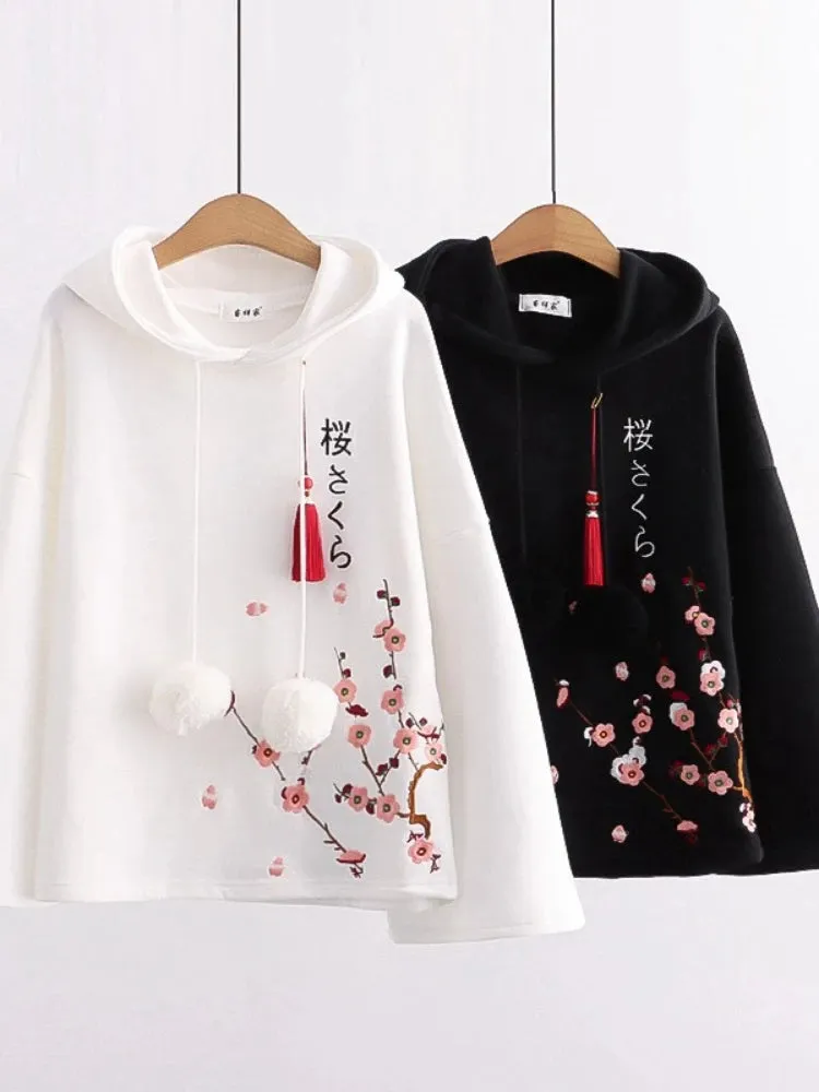 Women Hoodies Floral Embroidery Harajuku Hooded Sweatshirts Spring Flare Sleeve Vintage Korean Female Basic Daily Tops