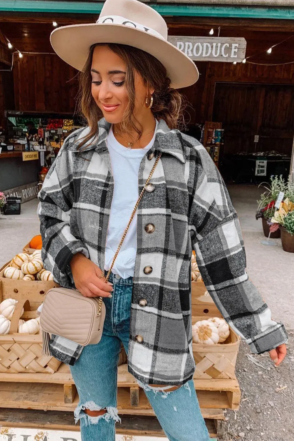 Women's Flannel Plaid Jacket Long Sleeve Buttoned Shirts Coats Shacket