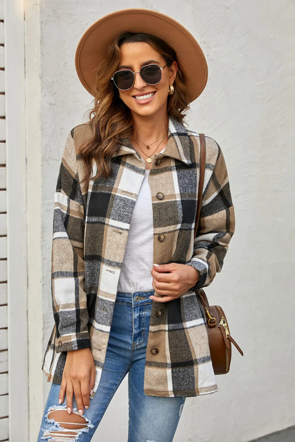 Women's Flannel Plaid Jacket Long Sleeve Buttoned Shirts Coats Shacket