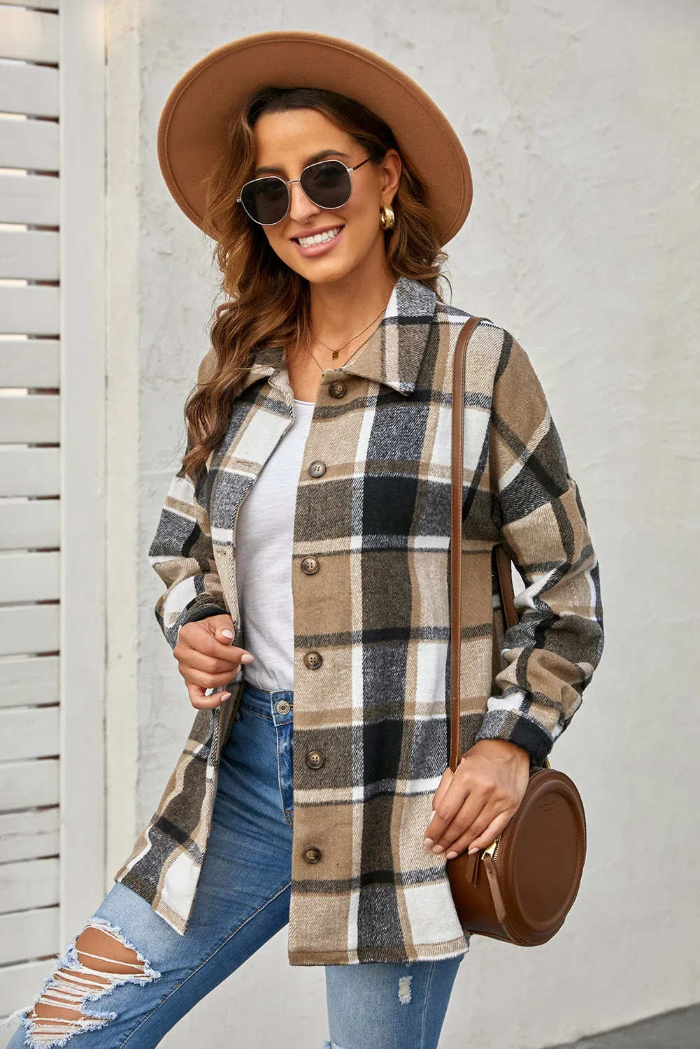 Women's Flannel Plaid Jacket Long Sleeve Buttoned Shirts Coats Shacket