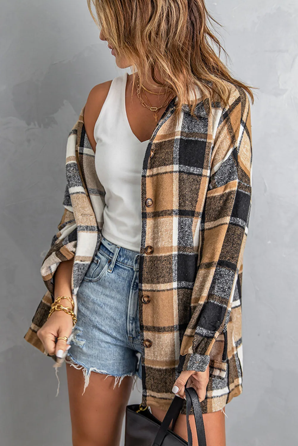 Women's Flannel Plaid Jacket Long Sleeve Buttoned Shirts Coats Shacket