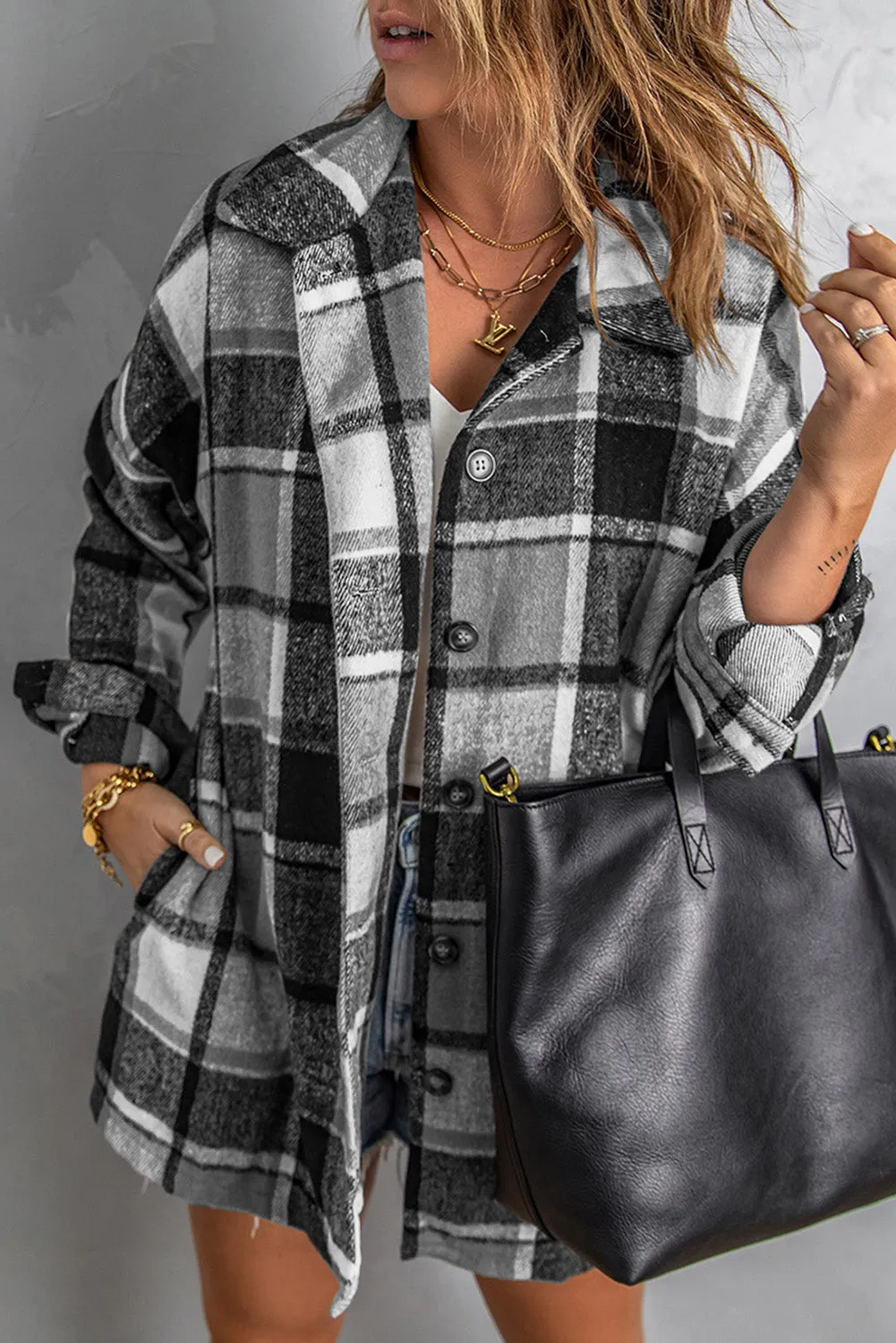 Women's Flannel Plaid Jacket Long Sleeve Buttoned Shirts Coats Shacket