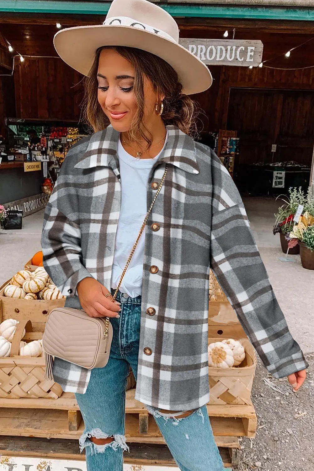 Women's Flannel Plaid Jacket Long Sleeve Buttoned Shirts Coats Shacket