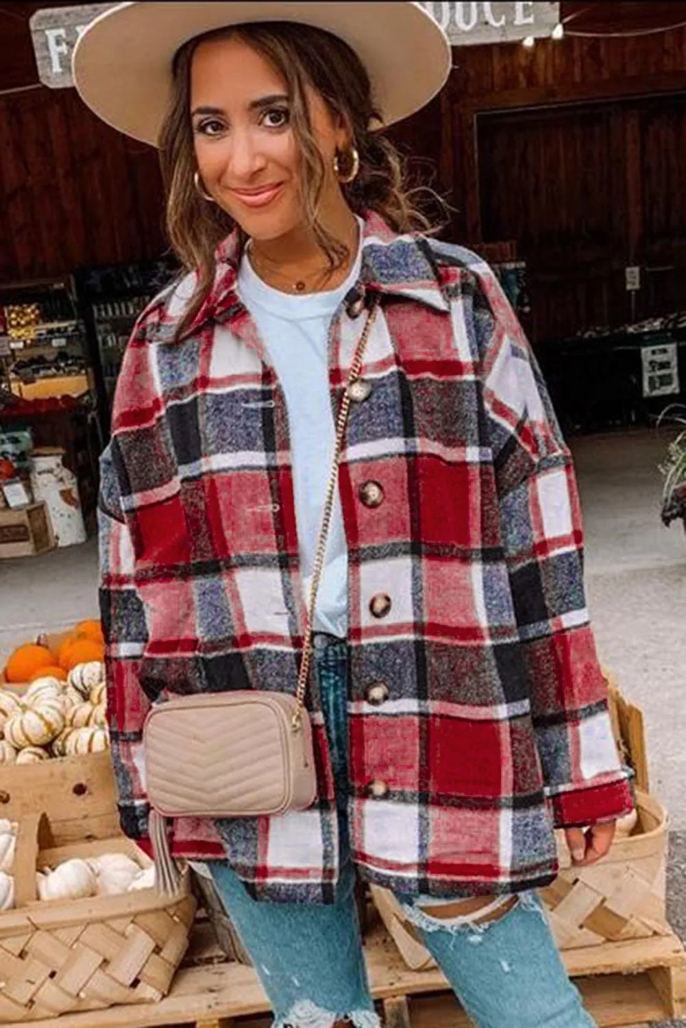 Women's Flannel Plaid Jacket Long Sleeve Buttoned Shirts Coats Shacket