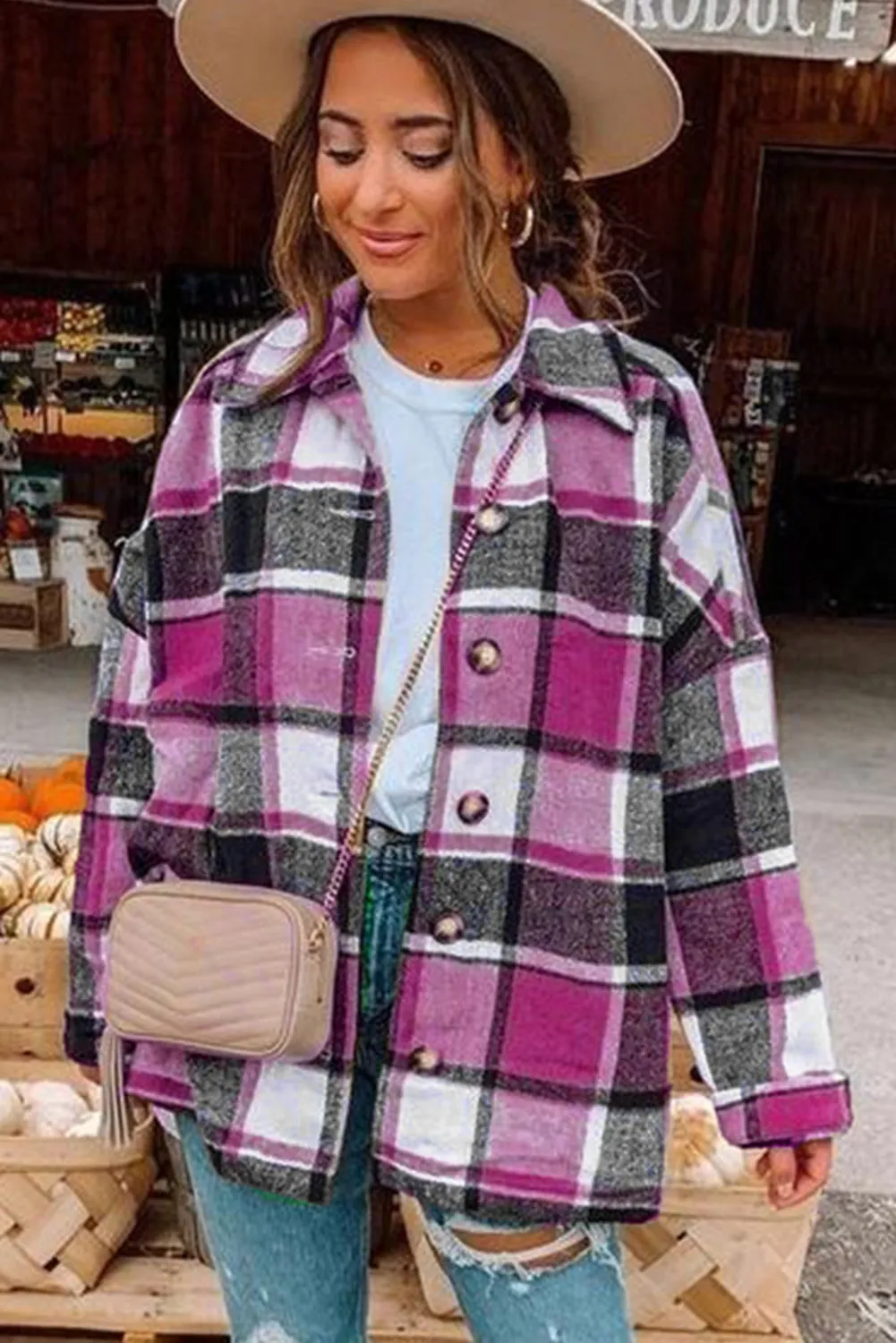 Women's Flannel Plaid Jacket Long Sleeve Buttoned Shirts Coats Shacket