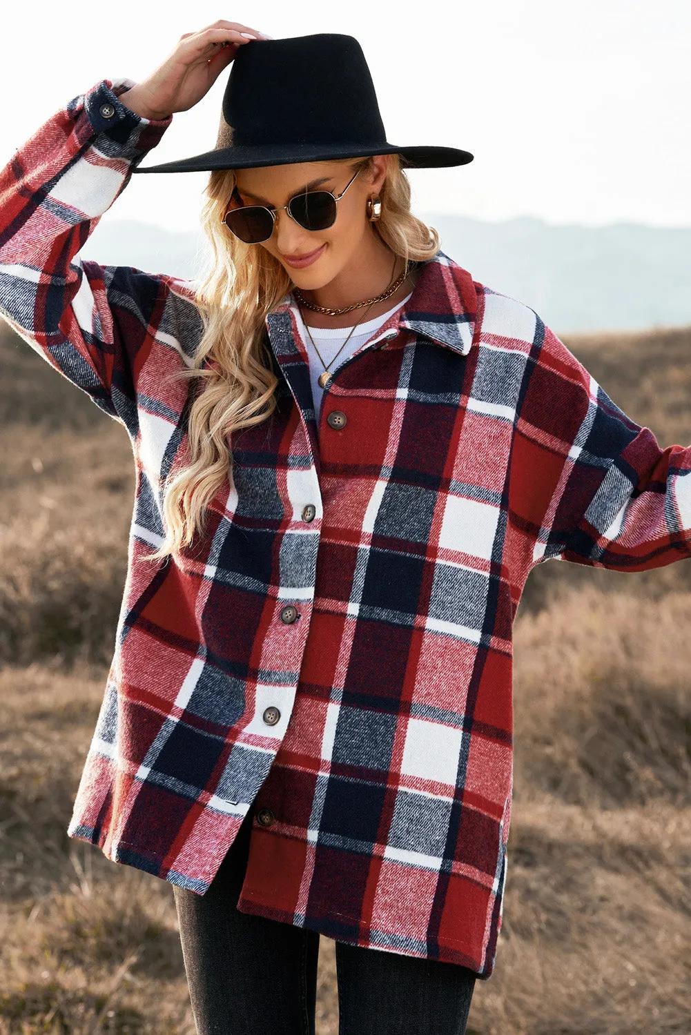 Women's Flannel Plaid Jacket Long Sleeve Buttoned Shirts Coats Shacket