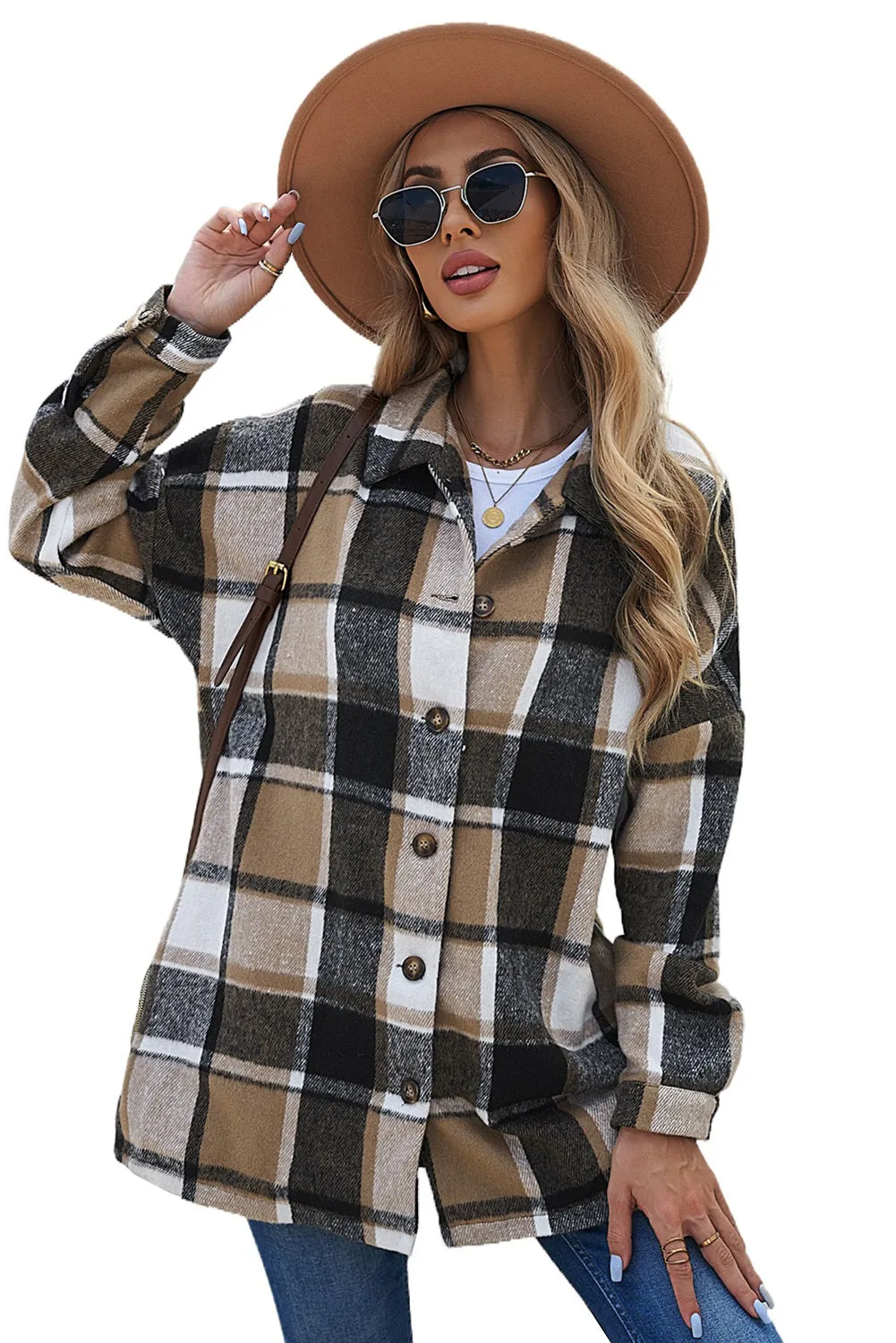 Women's Flannel Plaid Jacket Long Sleeve Buttoned Shirts Coats Shacket