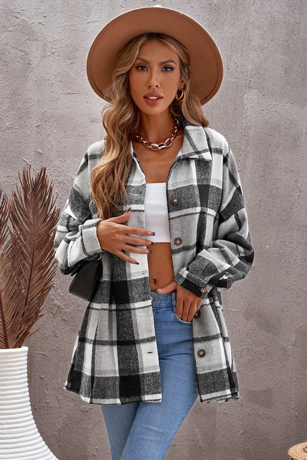 Women's Flannel Plaid Jacket Long Sleeve Buttoned Shirts Coats Shacket