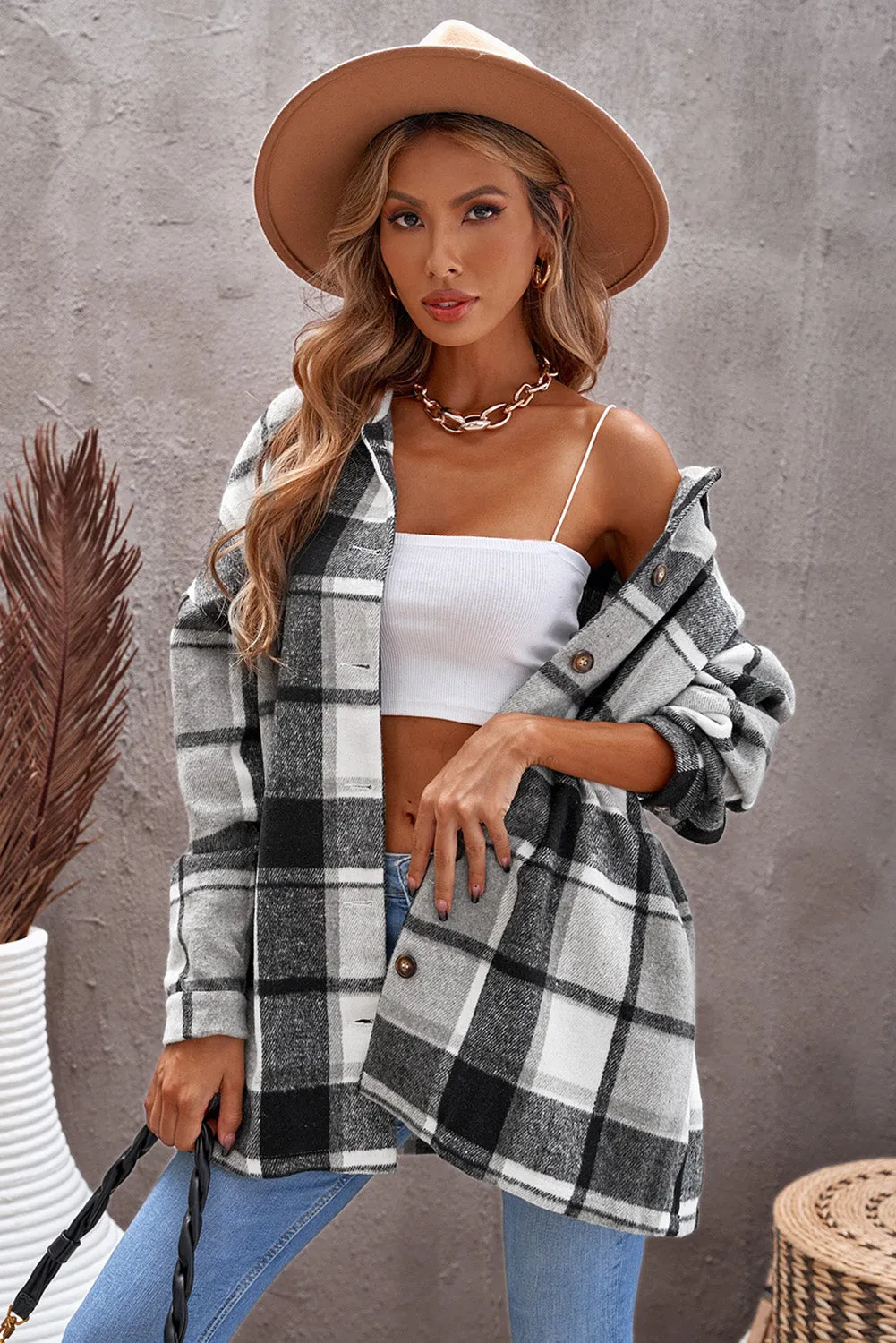 Women's Flannel Plaid Jacket Long Sleeve Buttoned Shirts Coats Shacket