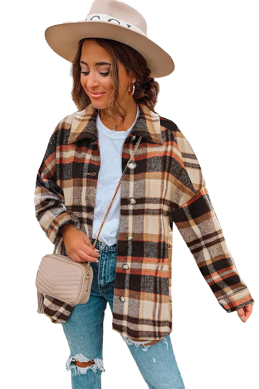 Women's Flannel Plaid Jacket Long Sleeve Buttoned Shirts Coats Shacket