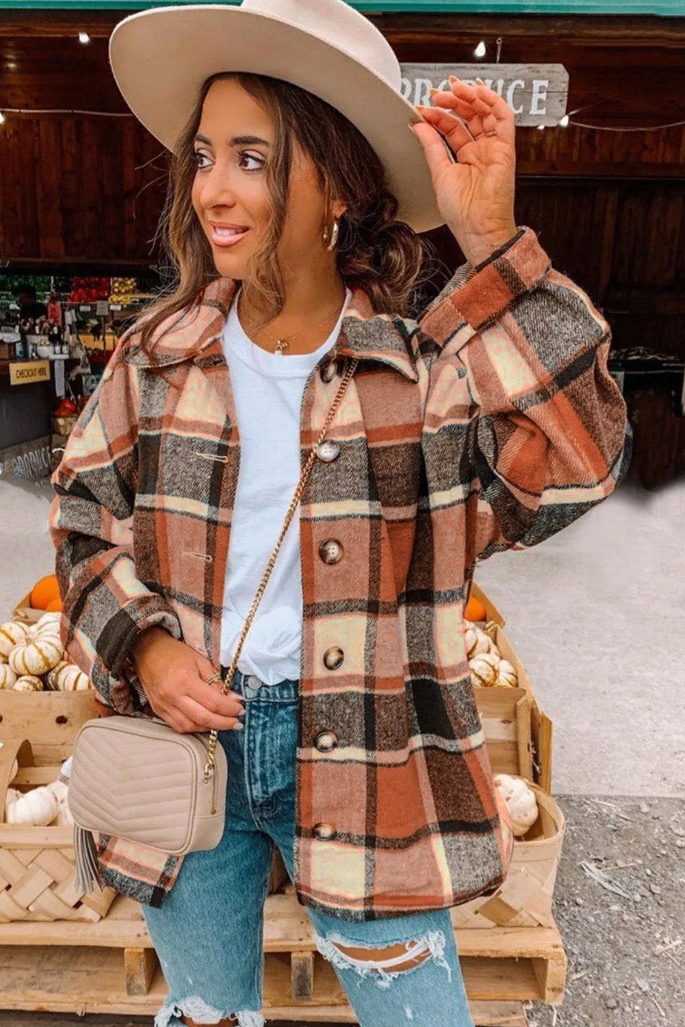 Women's Flannel Plaid Jacket Long Sleeve Buttoned Shirts Coats Shacket