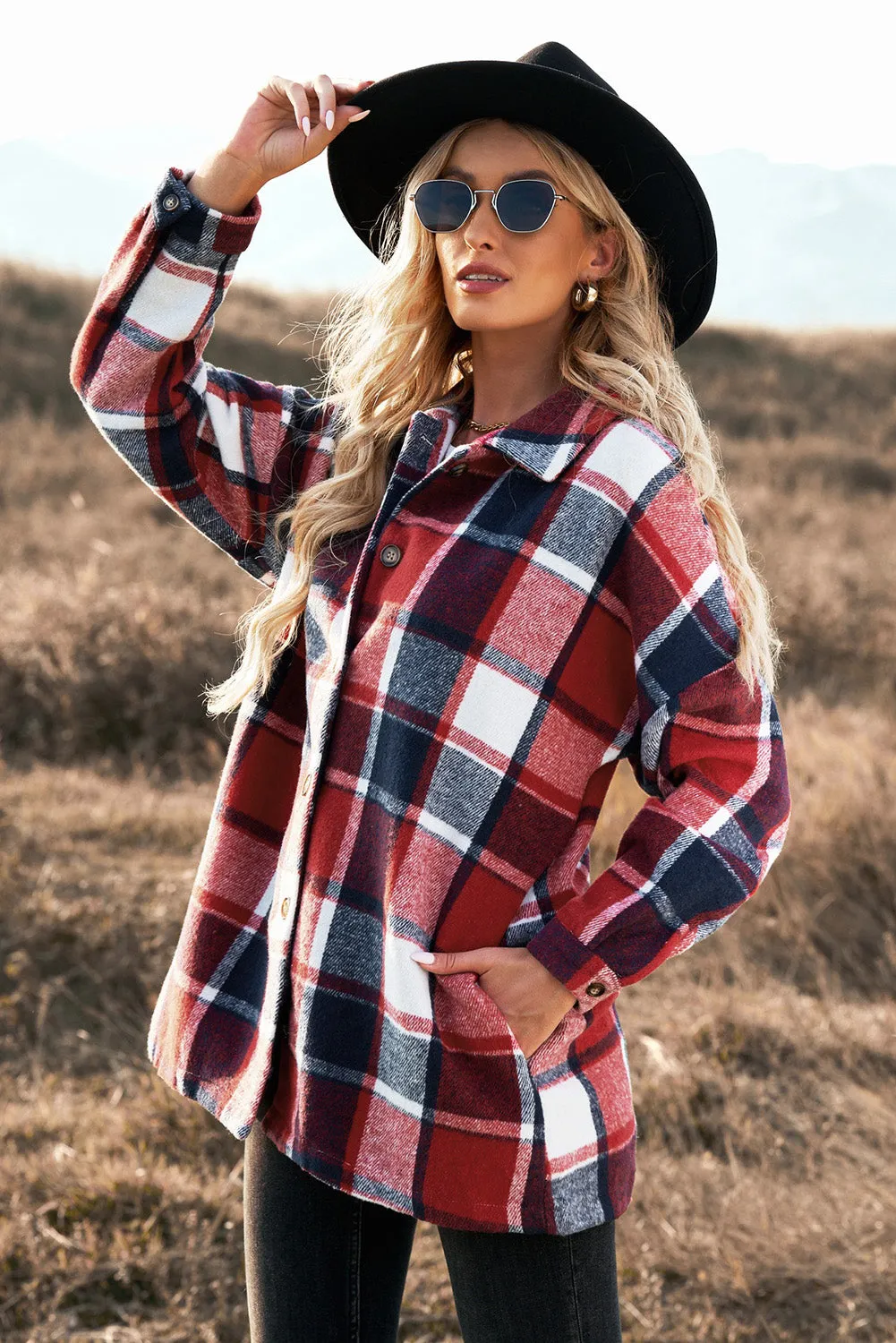 Women's Flannel Plaid Jacket Long Sleeve Buttoned Shirts Coats Shacket