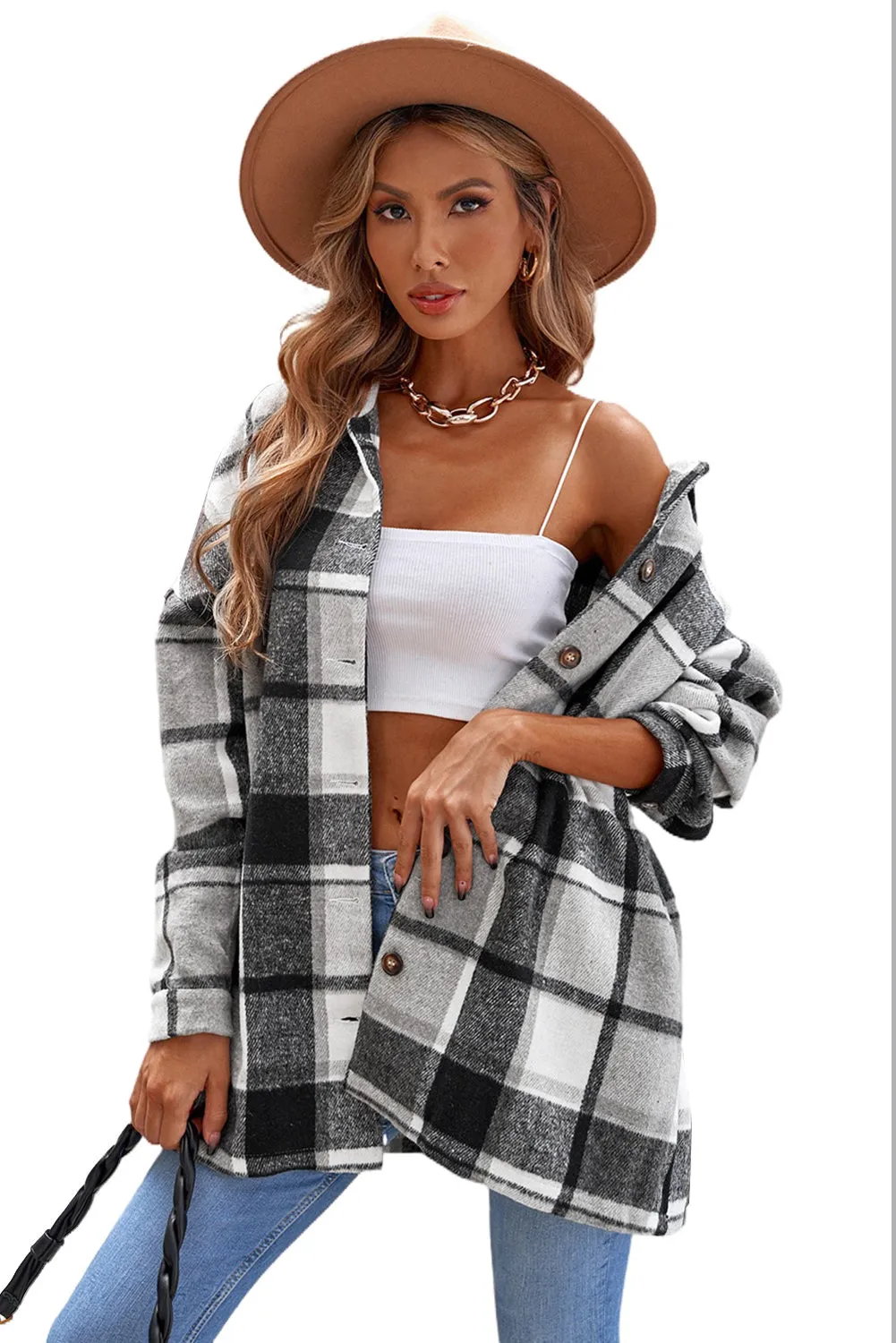 Women's Flannel Plaid Jacket Long Sleeve Buttoned Shirts Coats Shacket