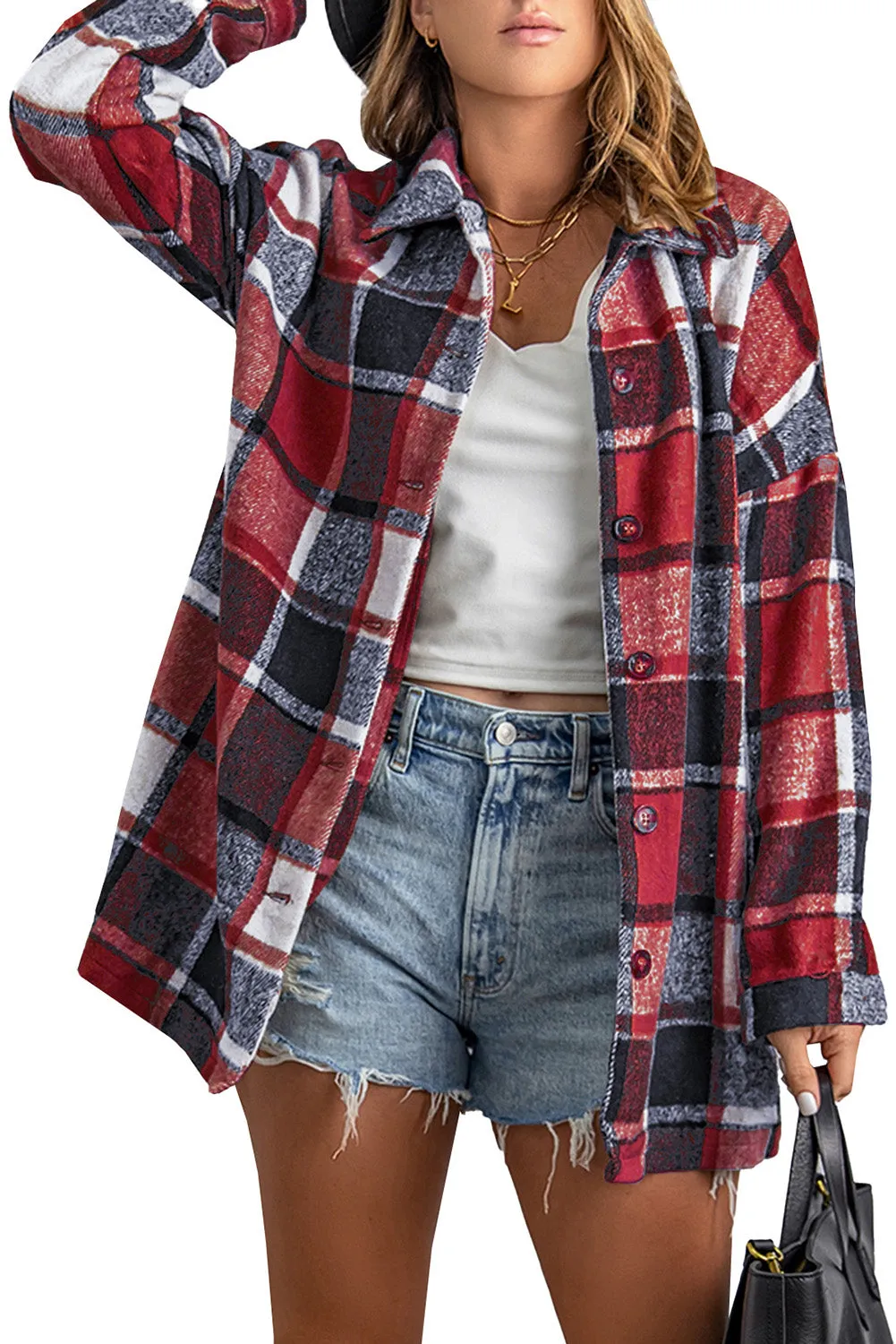 Women's Flannel Plaid Jacket Long Sleeve Buttoned Shirts Coats Shacket