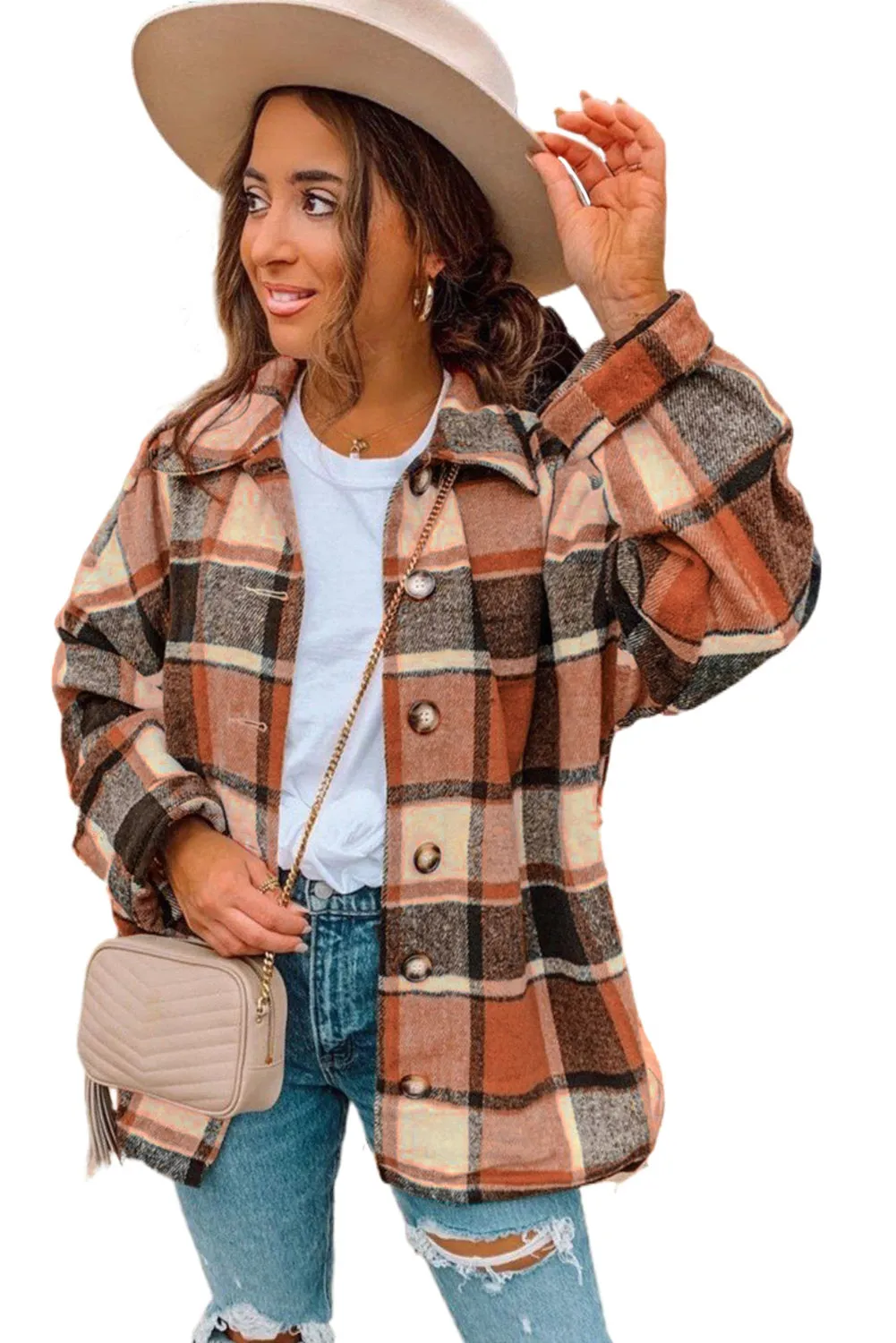 Women's Flannel Plaid Jacket Long Sleeve Buttoned Shirts Coats Shacket