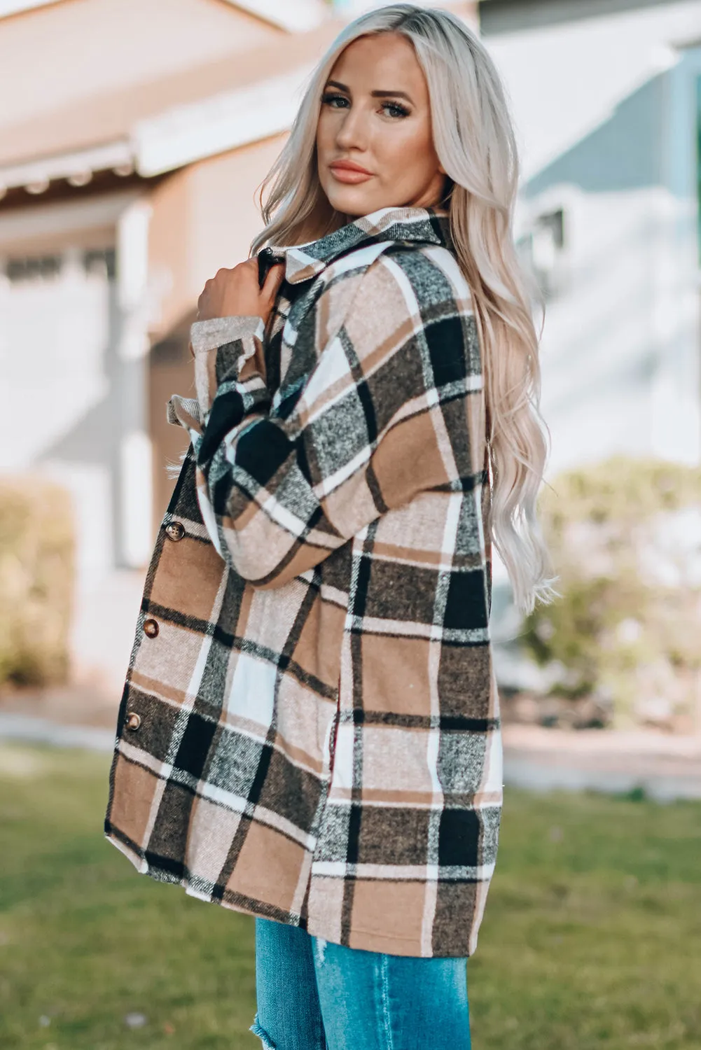 Women's Flannel Plaid Jacket Long Sleeve Buttoned Shirts Coats Shacket