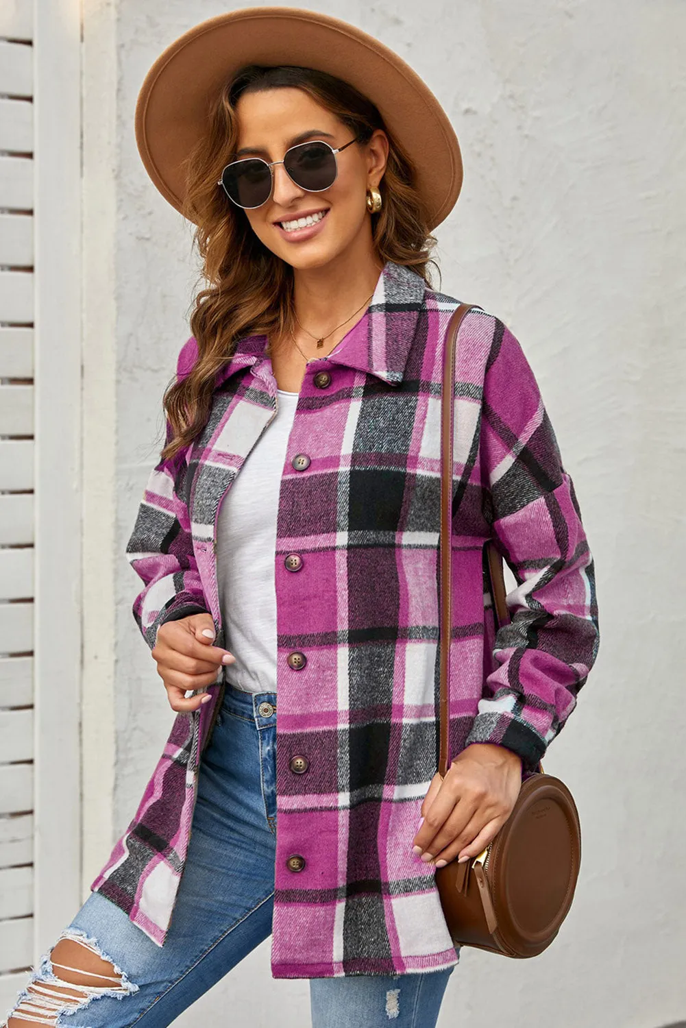 Women's Flannel Plaid Jacket Long Sleeve Buttoned Shirts Coats Shacket