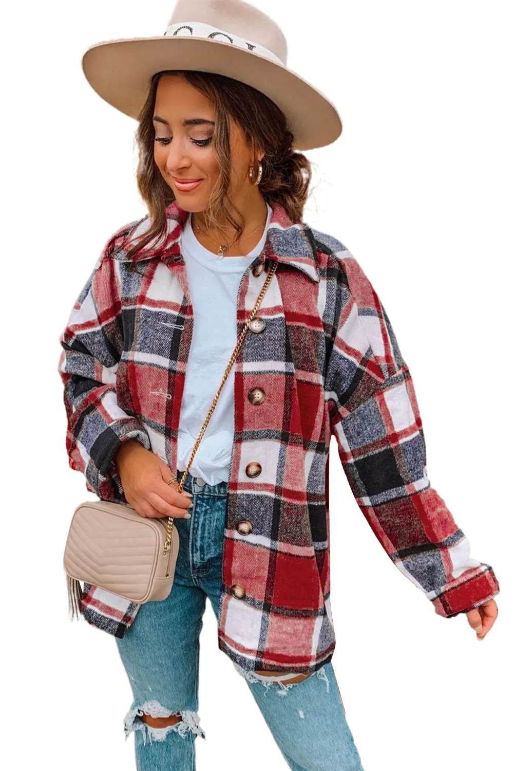 Women's Flannel Plaid Jacket Long Sleeve Buttoned Shirts Coats Shacket