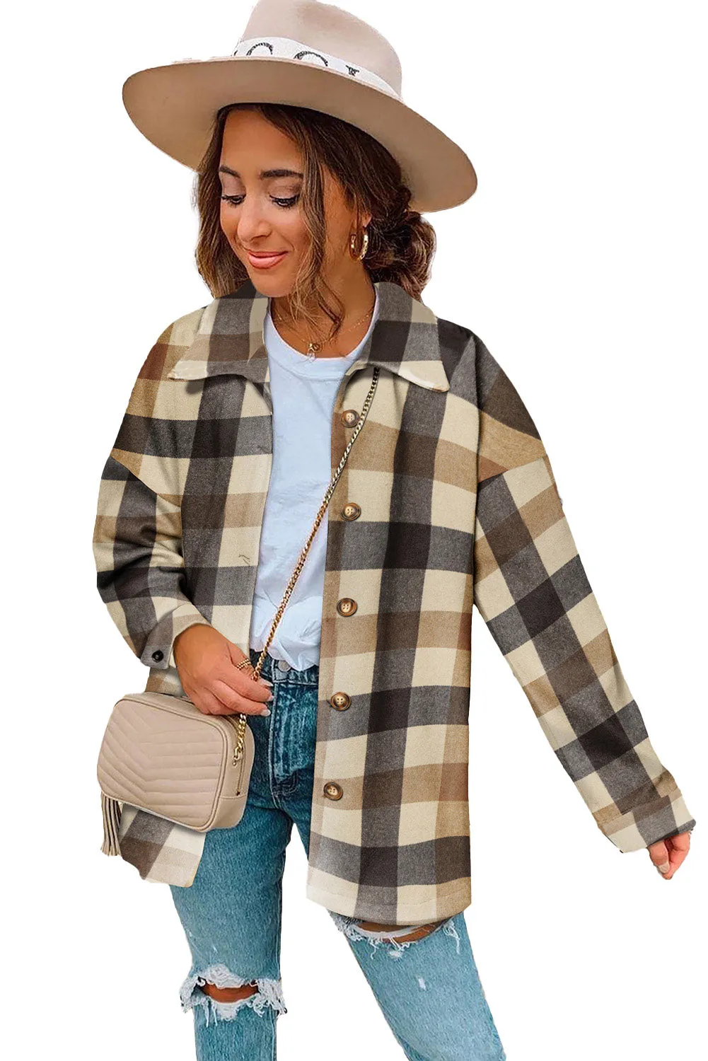 Women's Flannel Plaid Jacket Long Sleeve Buttoned Shirts Coats Shacket