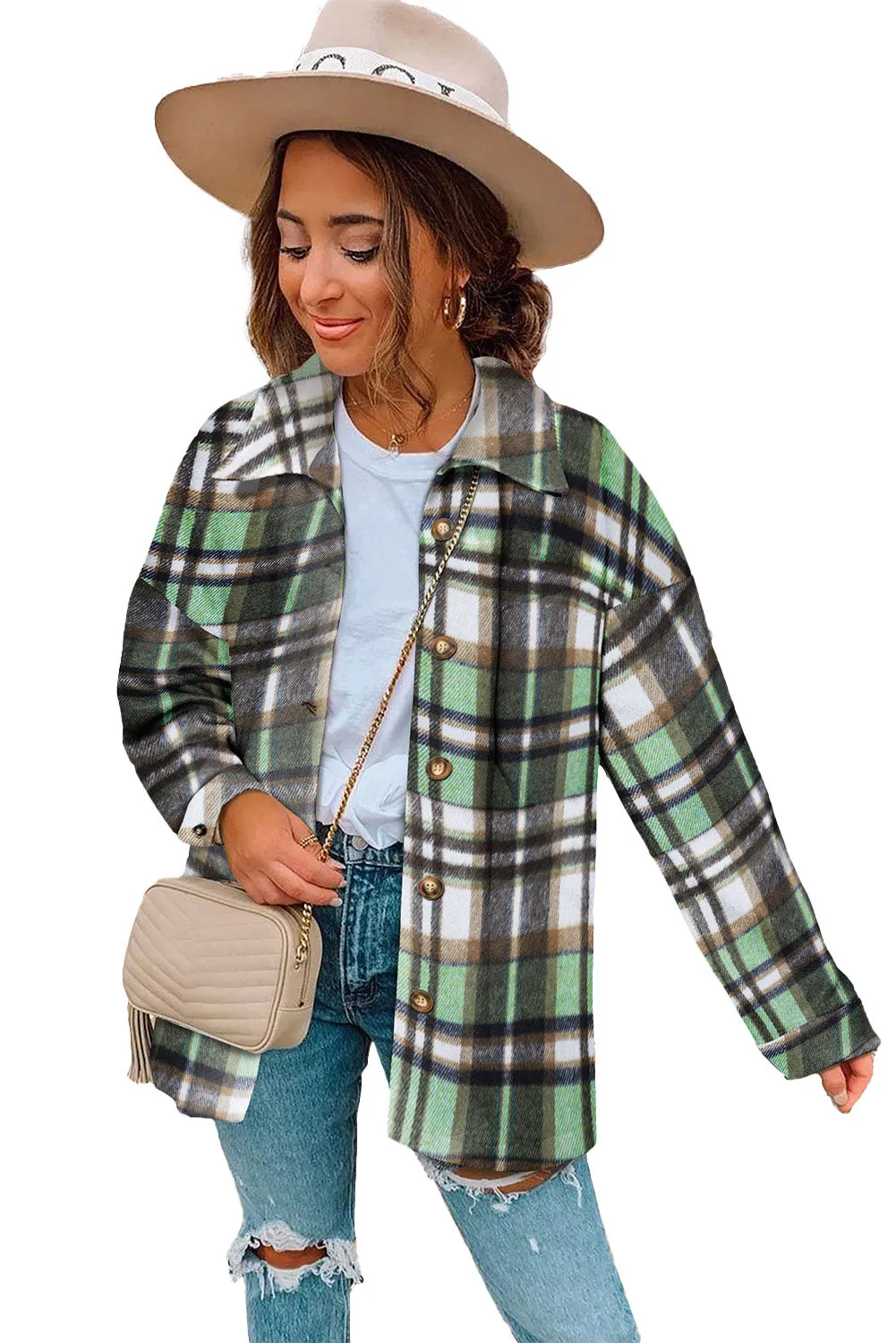 Women's Flannel Plaid Jacket Long Sleeve Buttoned Shirts Coats Shacket