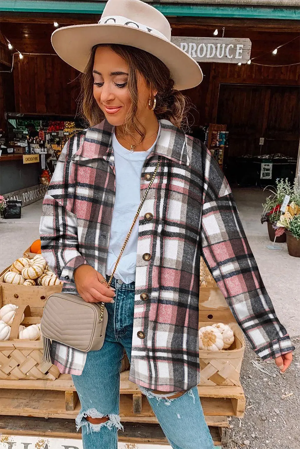 Women's Flannel Plaid Jacket Long Sleeve Buttoned Shirts Coats Shacket