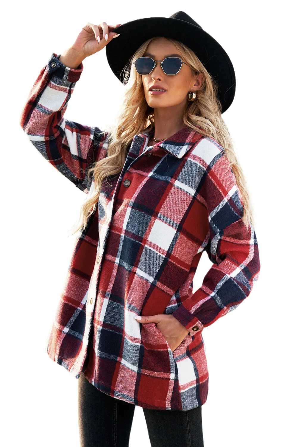 Women's Flannel Plaid Jacket Long Sleeve Buttoned Shirts Coats Shacket