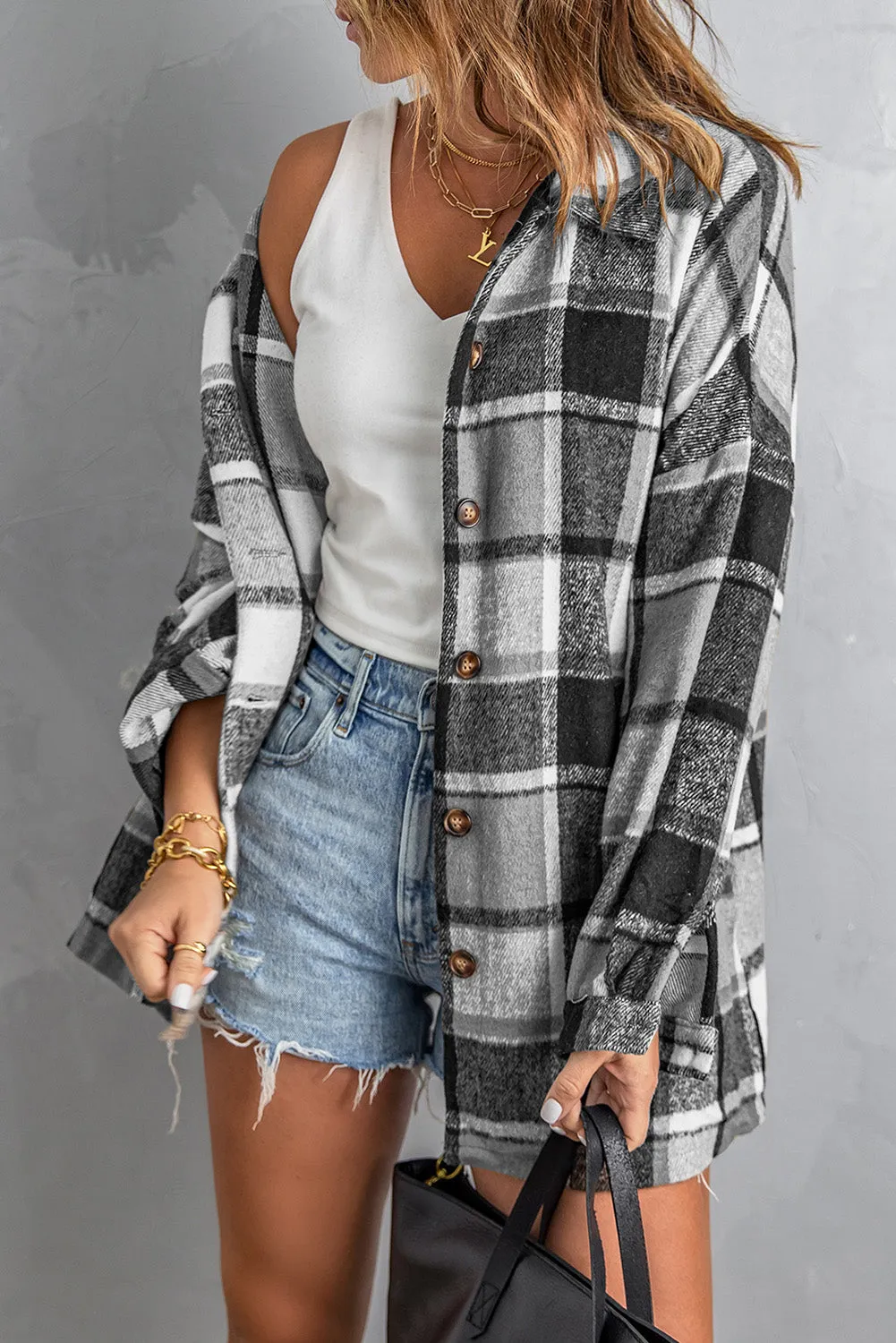 Women's Flannel Plaid Jacket Long Sleeve Buttoned Shirts Coats Shacket