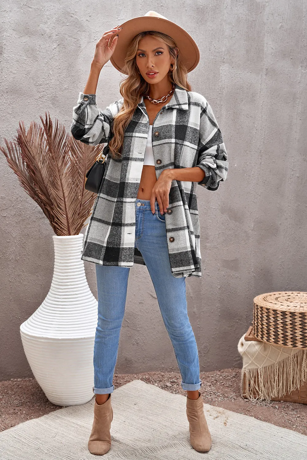 Women's Flannel Plaid Jacket Long Sleeve Buttoned Shirts Coats Shacket