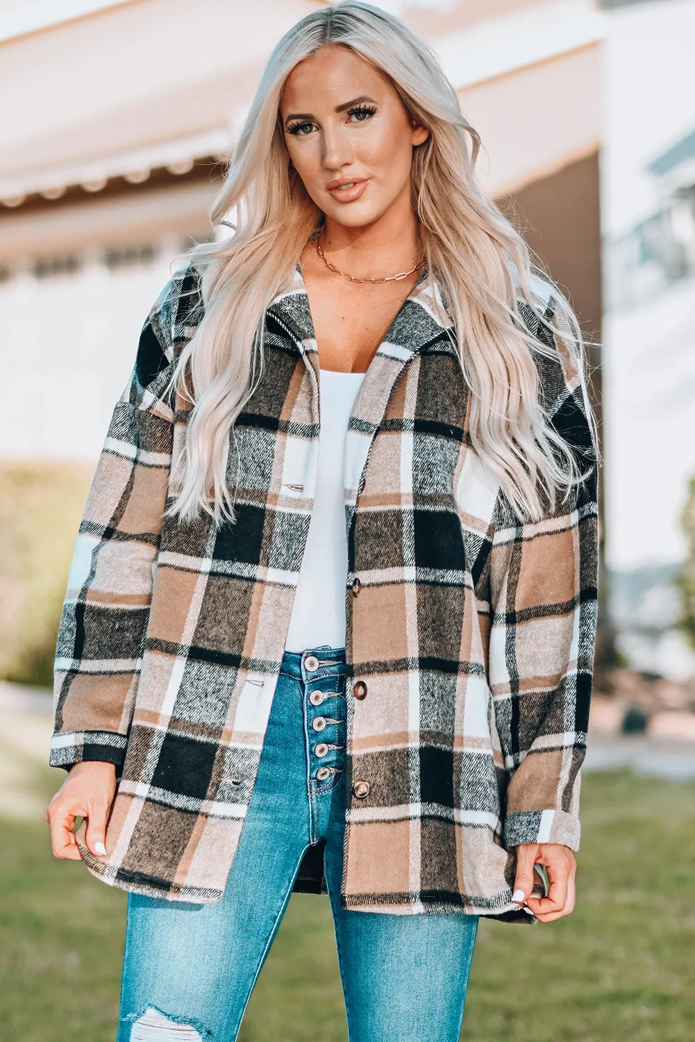 Women's Flannel Plaid Jacket Long Sleeve Buttoned Shirts Coats Shacket