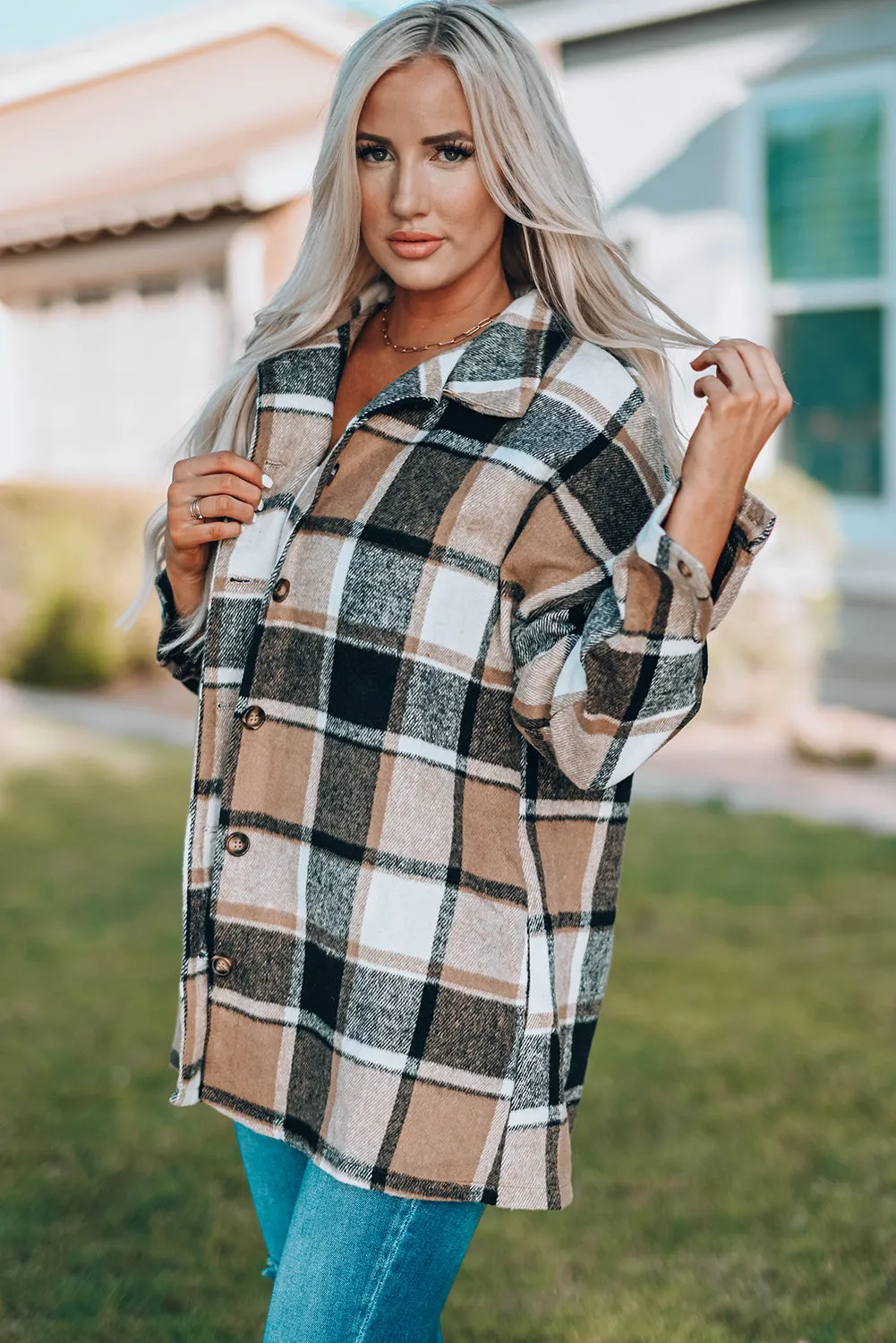 Women's Flannel Plaid Jacket Long Sleeve Buttoned Shirts Coats Shacket