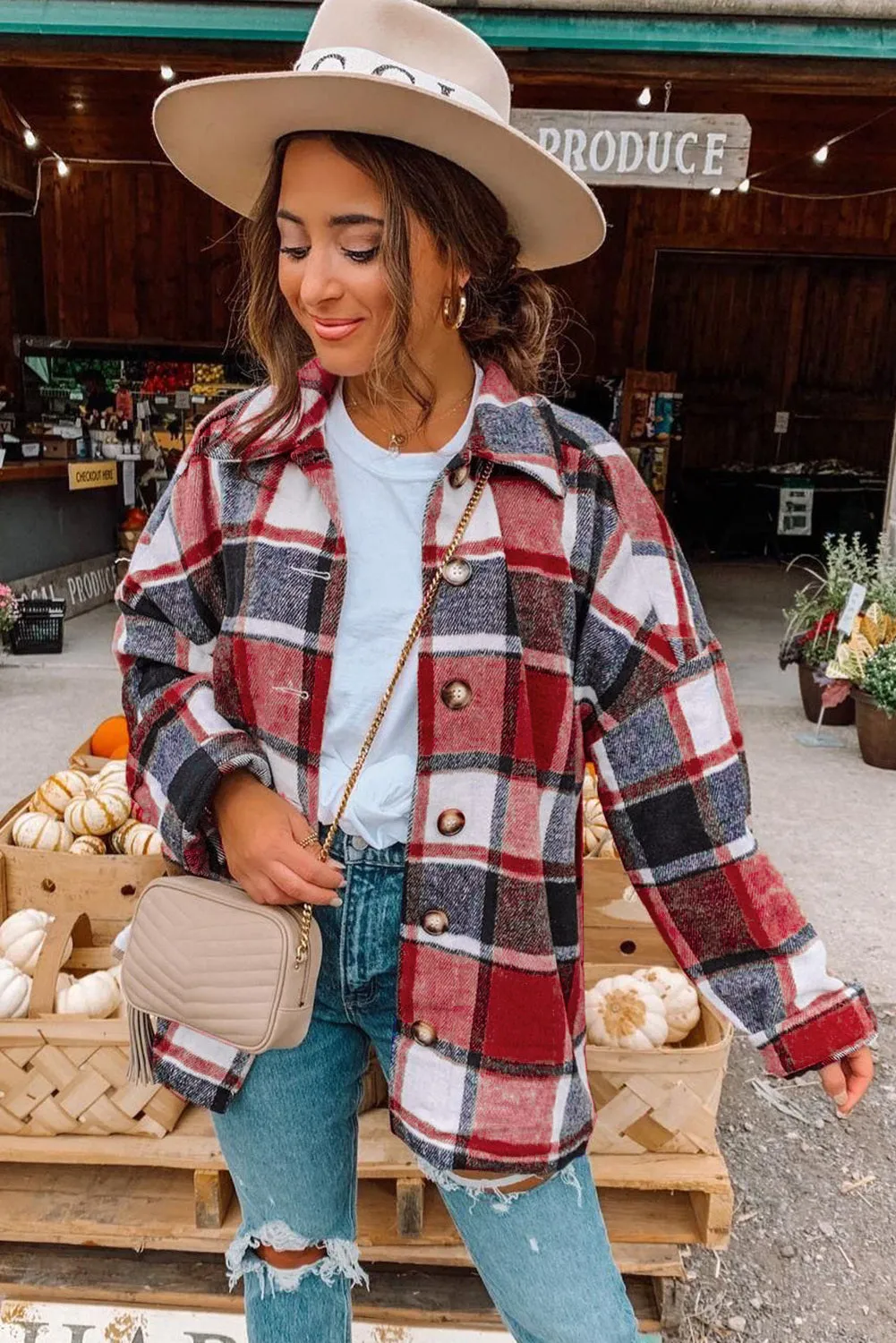 Women's Flannel Plaid Jacket Long Sleeve Buttoned Shirts Coats Shacket