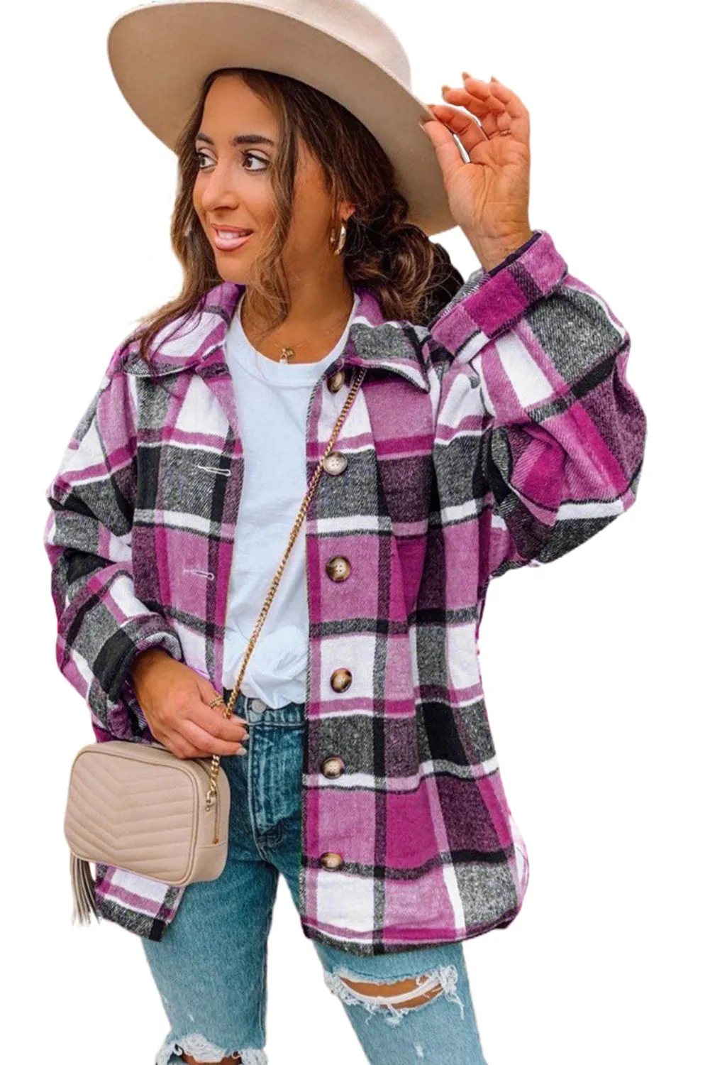 Women's Flannel Plaid Jacket Long Sleeve Buttoned Shirts Coats Shacket