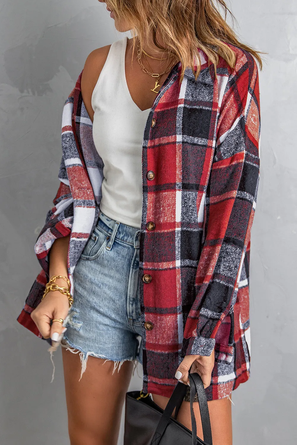 Women's Flannel Plaid Jacket Long Sleeve Buttoned Shirts Coats Shacket