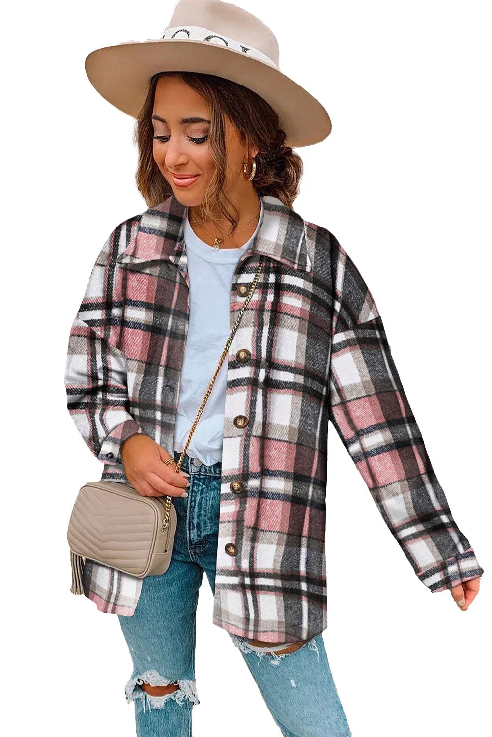 Women's Flannel Plaid Jacket Long Sleeve Buttoned Shirts Coats Shacket