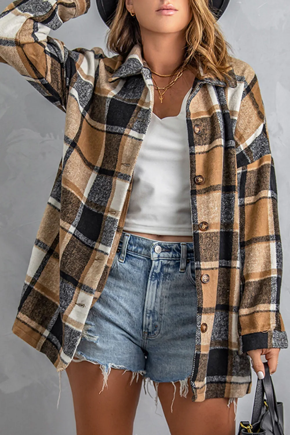 Women's Flannel Plaid Jacket Long Sleeve Buttoned Shirts Coats Shacket