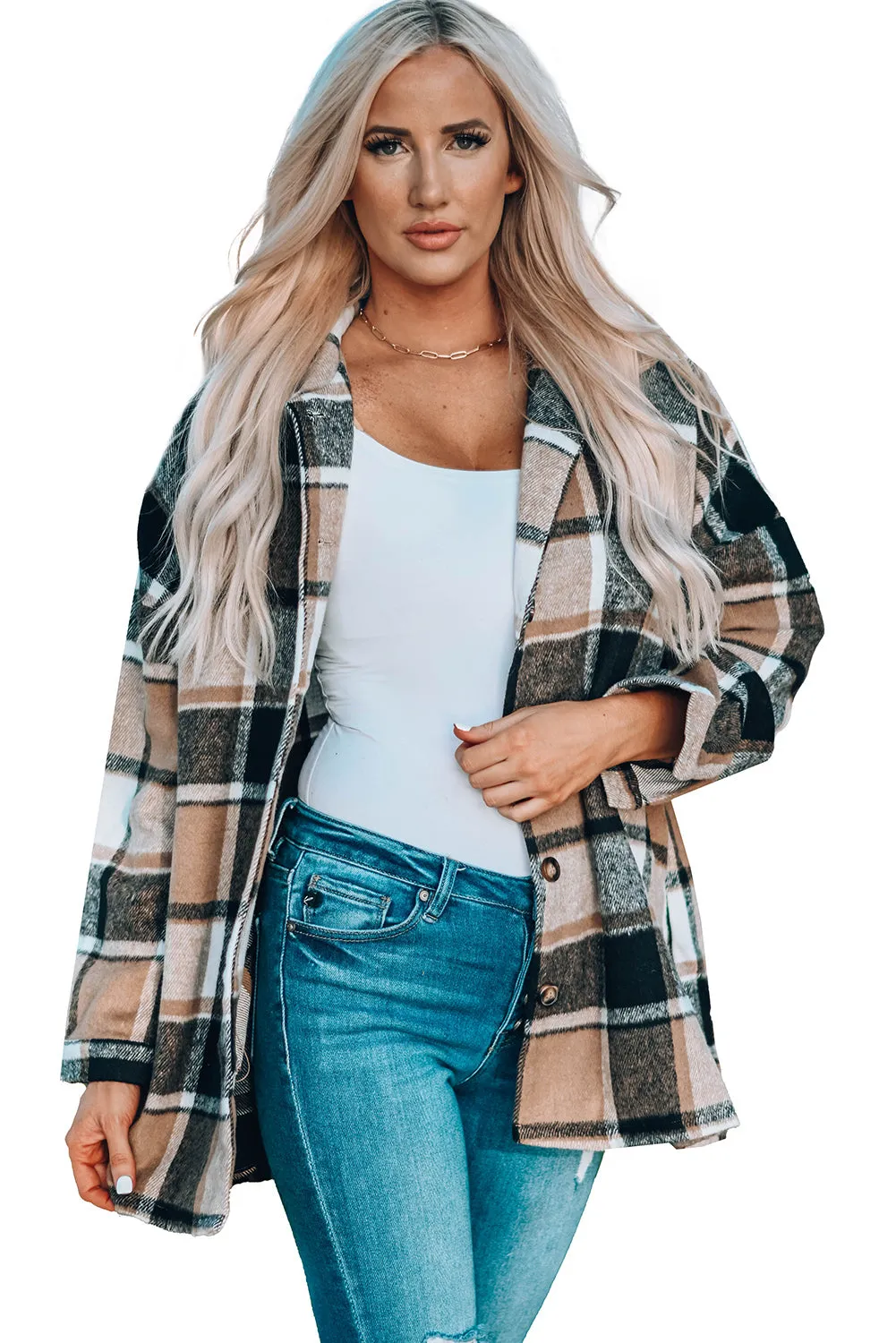 Women's Flannel Plaid Jacket Long Sleeve Buttoned Shirts Coats Shacket