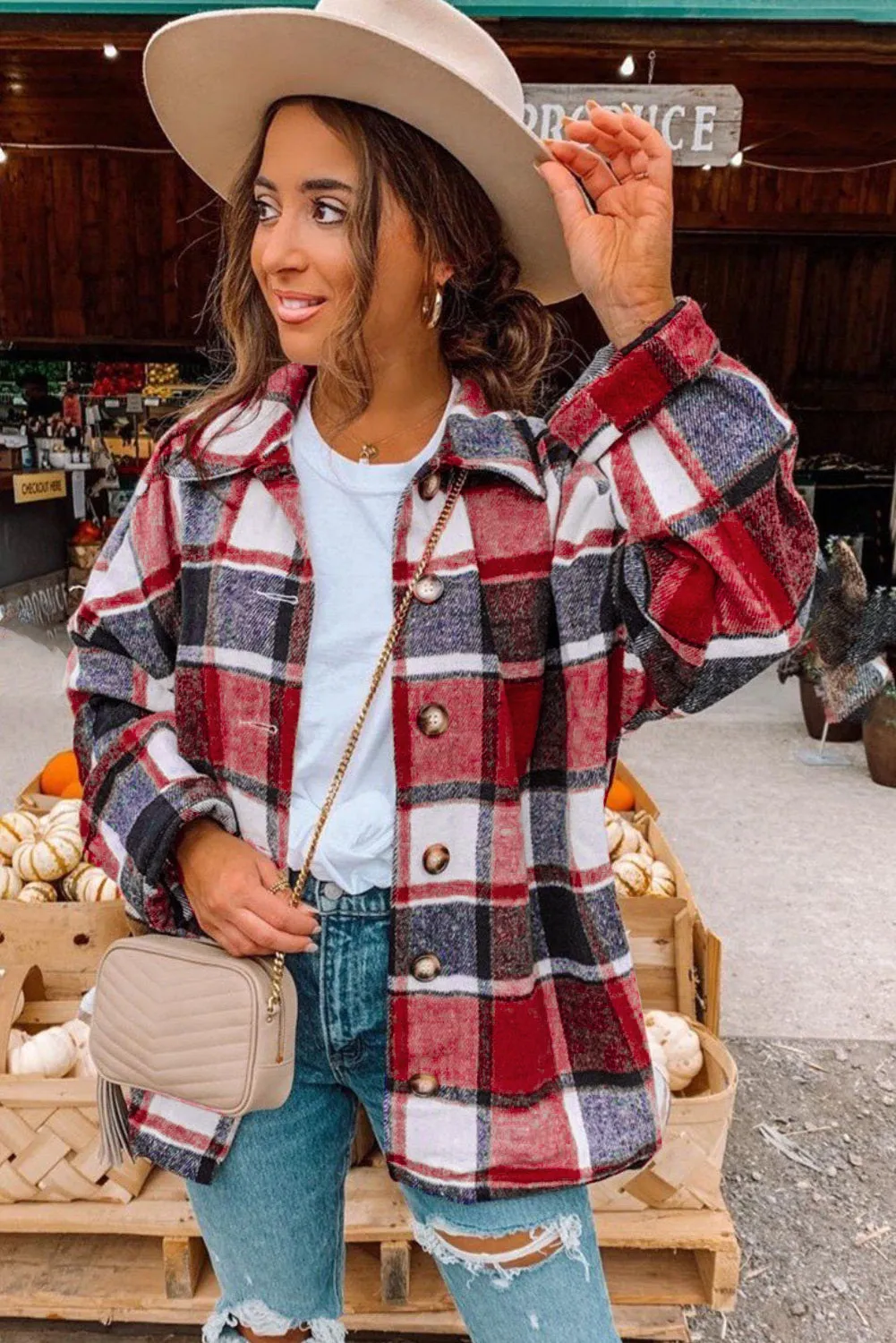 Women's Flannel Plaid Jacket Long Sleeve Buttoned Shirts Coats Shacket