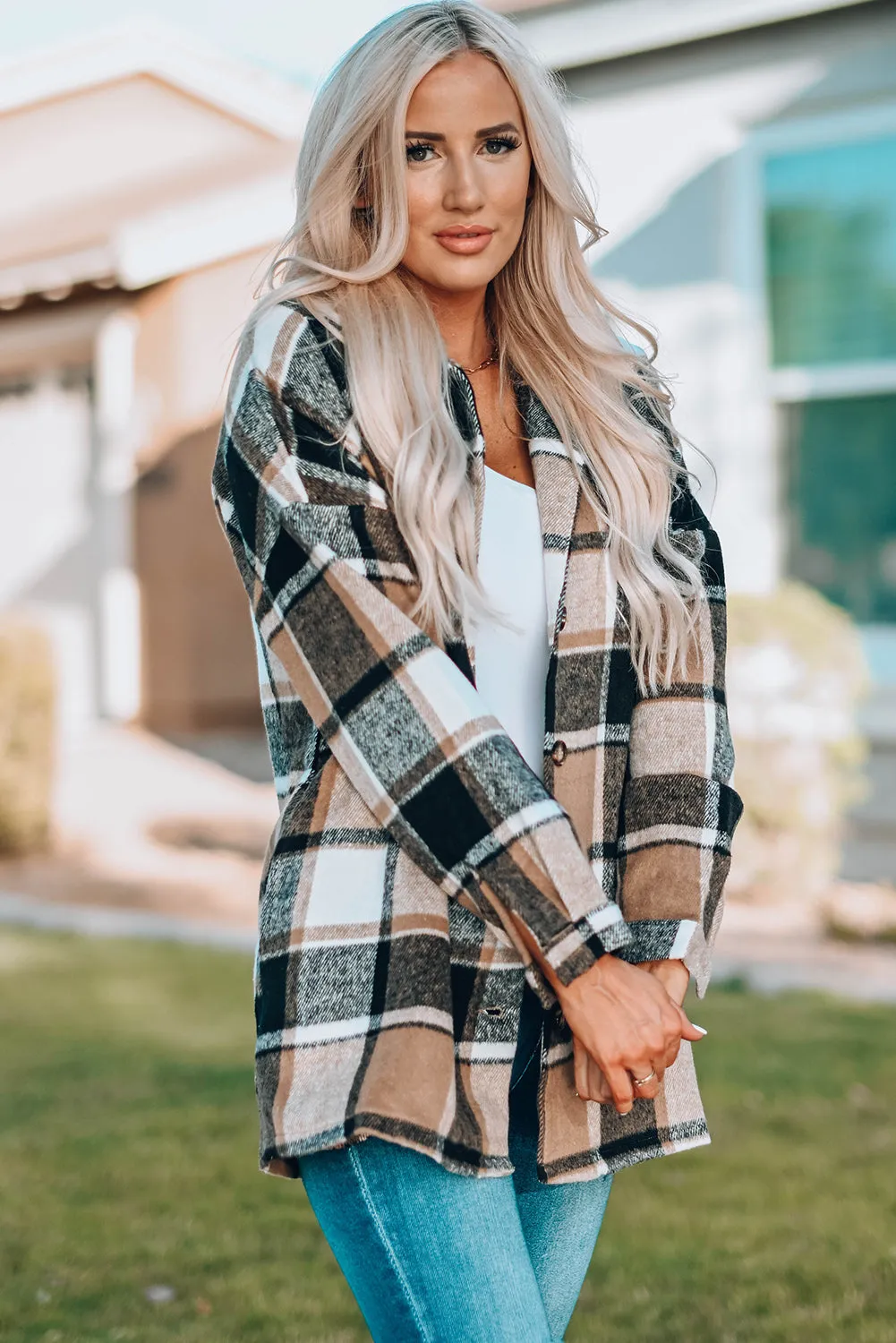 Women's Flannel Plaid Jacket Long Sleeve Buttoned Shirts Coats Shacket